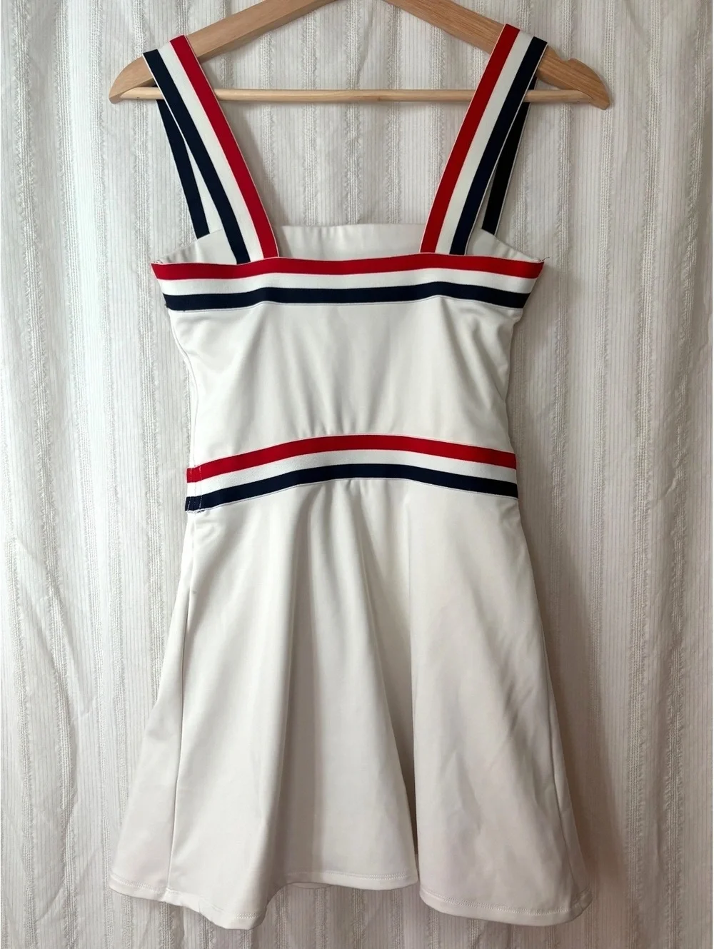 Reformation White Dress with Red and Navy Striped Straps #preppy #tennis